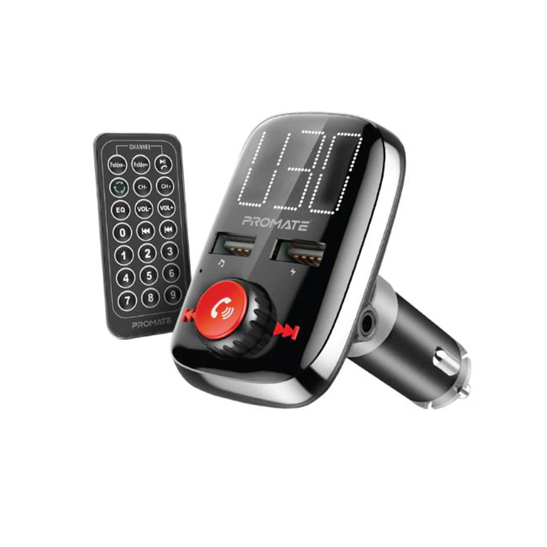 Promate wireless in-car FM transmitter with dual USB charging ports